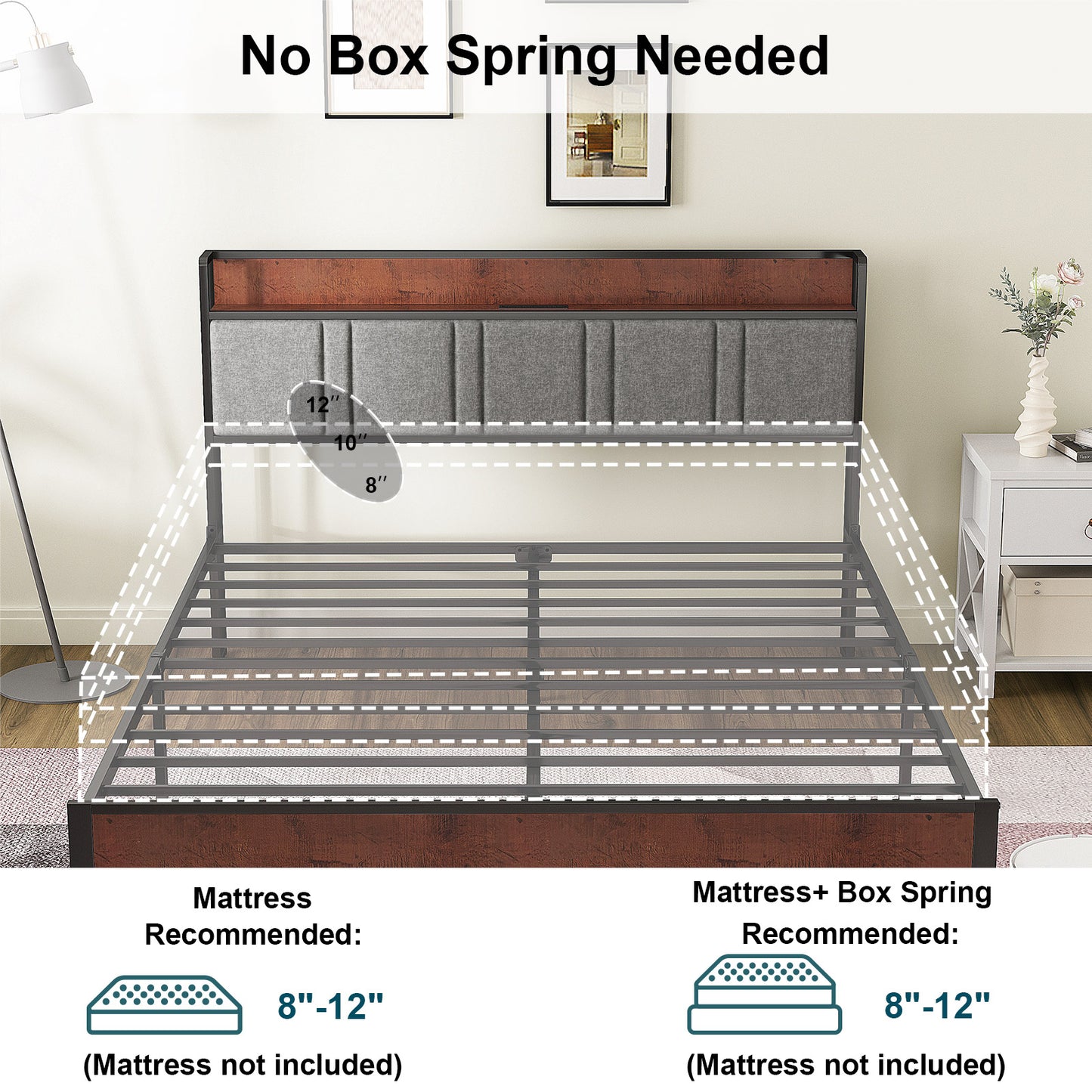 NISIEN Queen Bed Frame, Platform Bed Frame with Storage Headboard and Charging Station, No Box Spring Needed, Grey