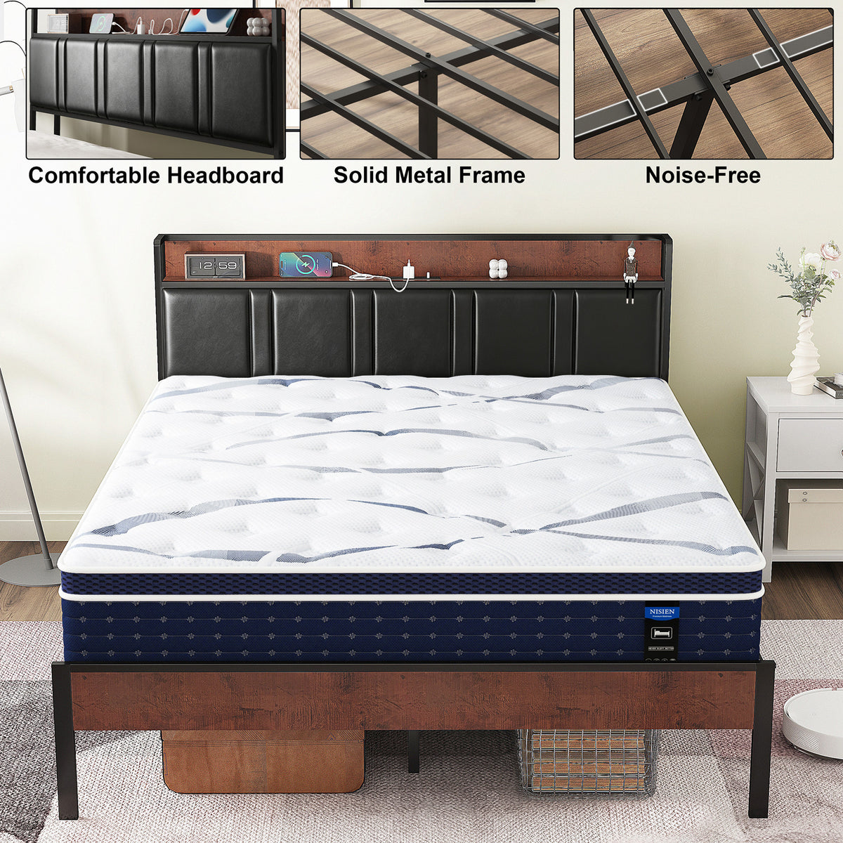 NISIEN Bed Frame, Platform Bed Full with Charging Station and Storage, PU Leather Upholstered Headboard, Black