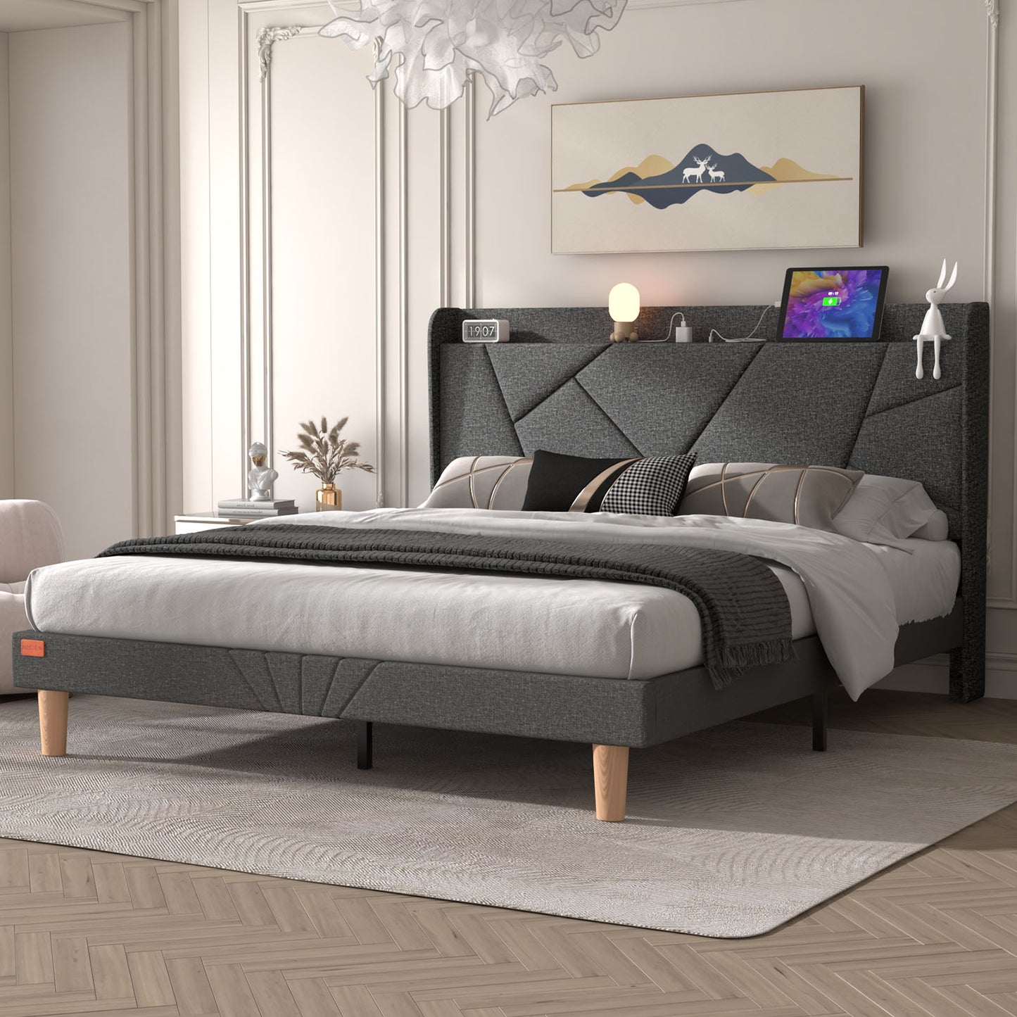 NISIEN Bed Frame with Charging Station, Upholstered Platform Bed Frame with Wingback Storage Headboard, No Box Spring Needed, Noise-Free Dark Grey