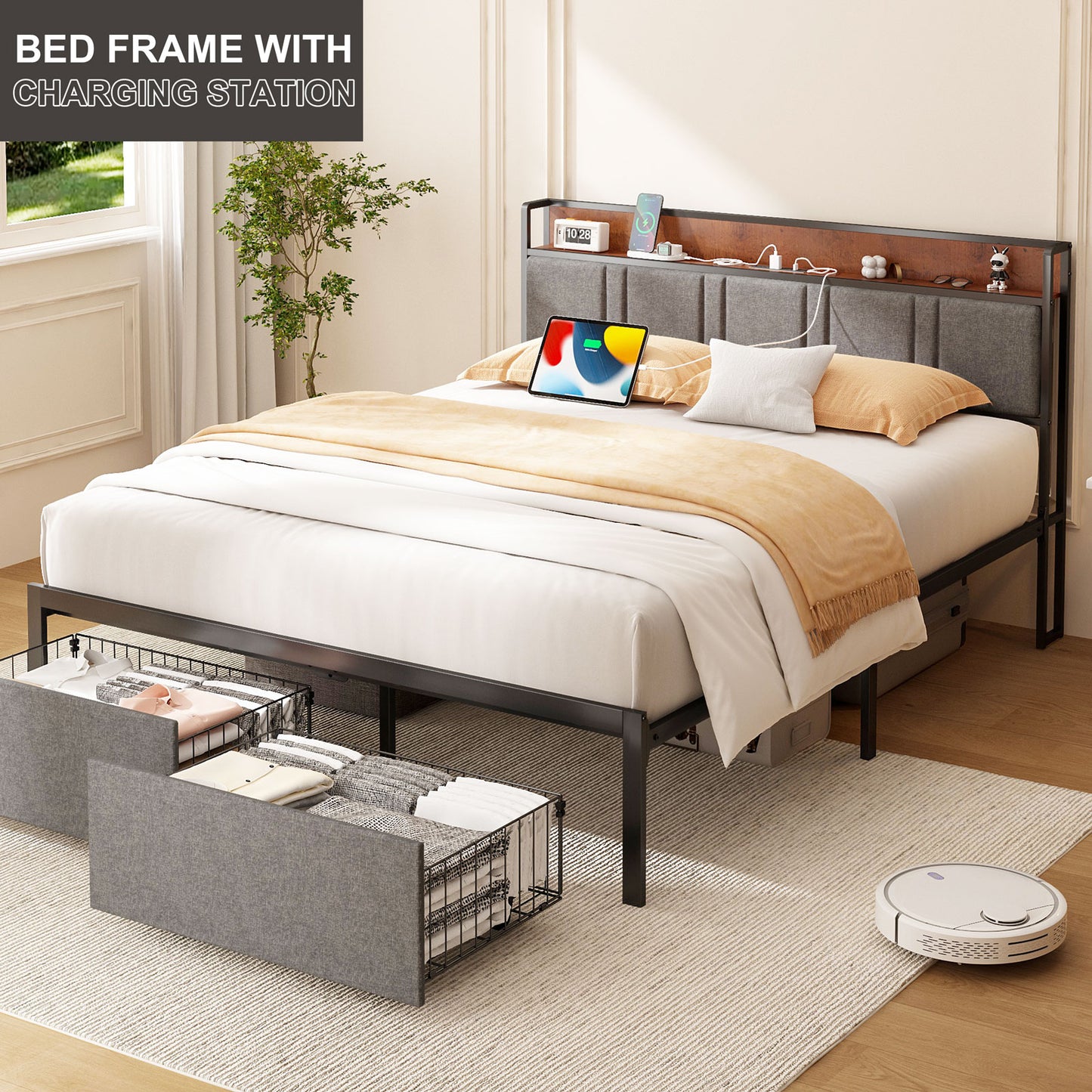 NISIEN Queen Bed Frame with 2 Storage Drawers , Platform Bed Frame Queen Size with Storage Headboard and Charging Station, No Box Spring Needed, Grey