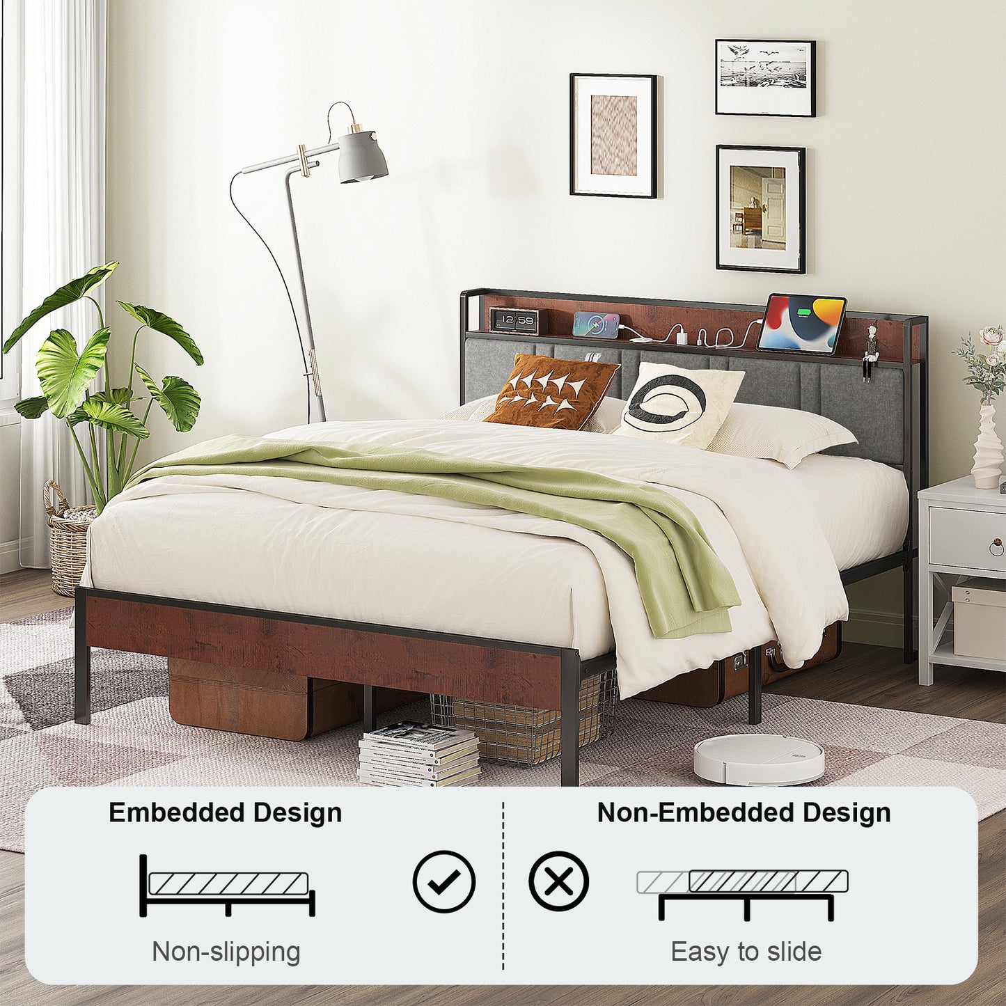 NISIEN Queen Bed Frame, Platform Bed Frame with Storage Headboard and Charging Station, No Box Spring Needed, Grey