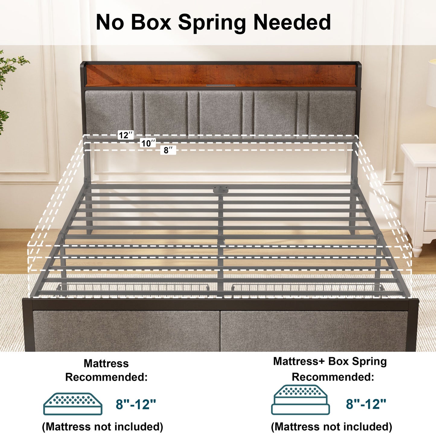 NISIEN Queen Bed Frame with 2 Storage Drawers , Platform Bed Frame Queen Size with Storage Headboard and Charging Station, No Box Spring Needed, Grey