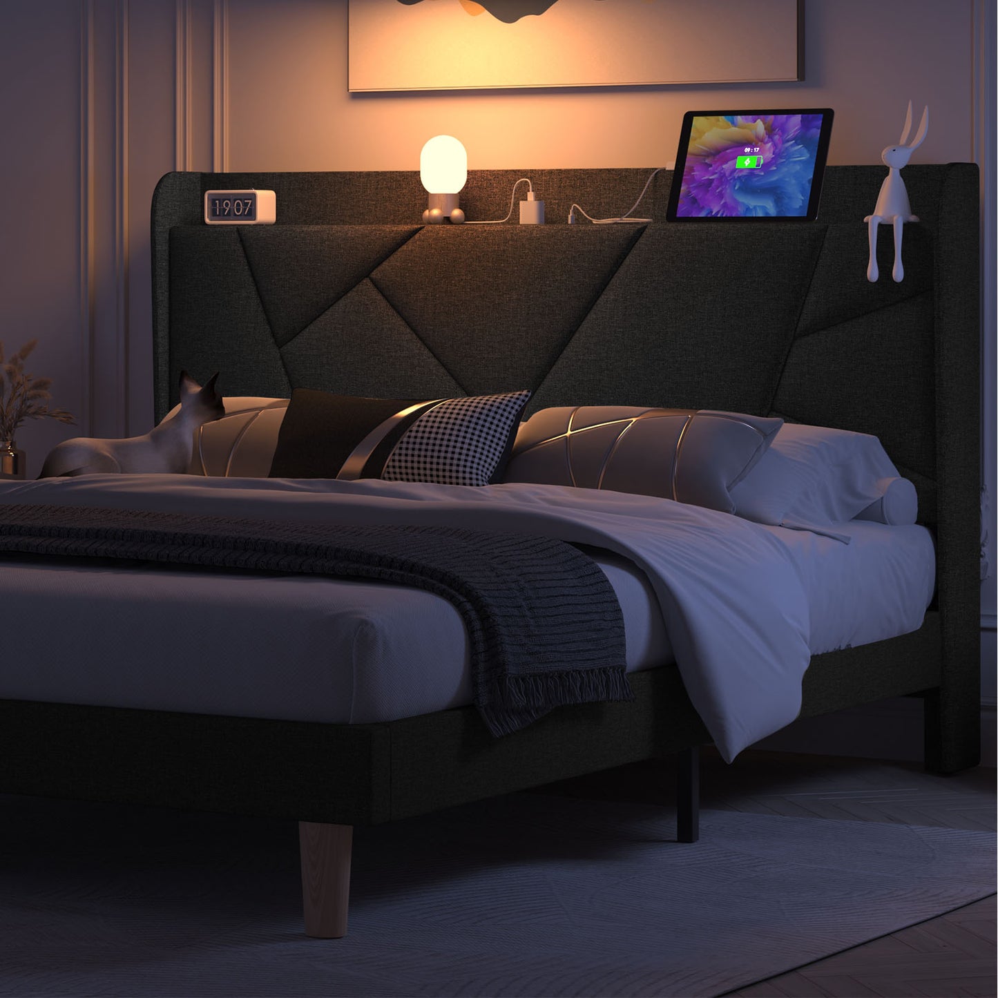 NISIEN Bed Frame with Charging Station, Upholstered Platform Bed with Wingback Storage Headboard, Black
