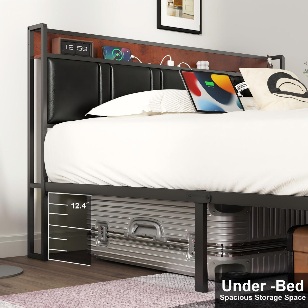 NISIEN Bed Frame, Platform Bed Full with Charging Station and Storage, PU Leather Upholstered Headboard, Black