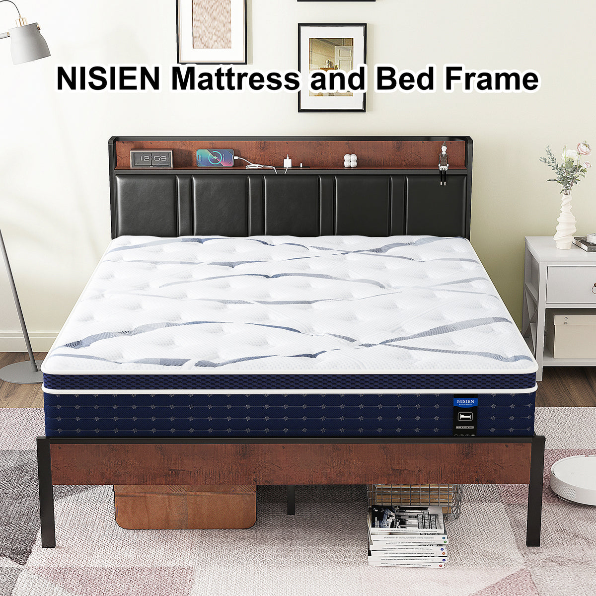 NISIEN Bed Frame, Platform Bed Full with Charging Station and Storage, PU Leather Upholstered Headboard, Black