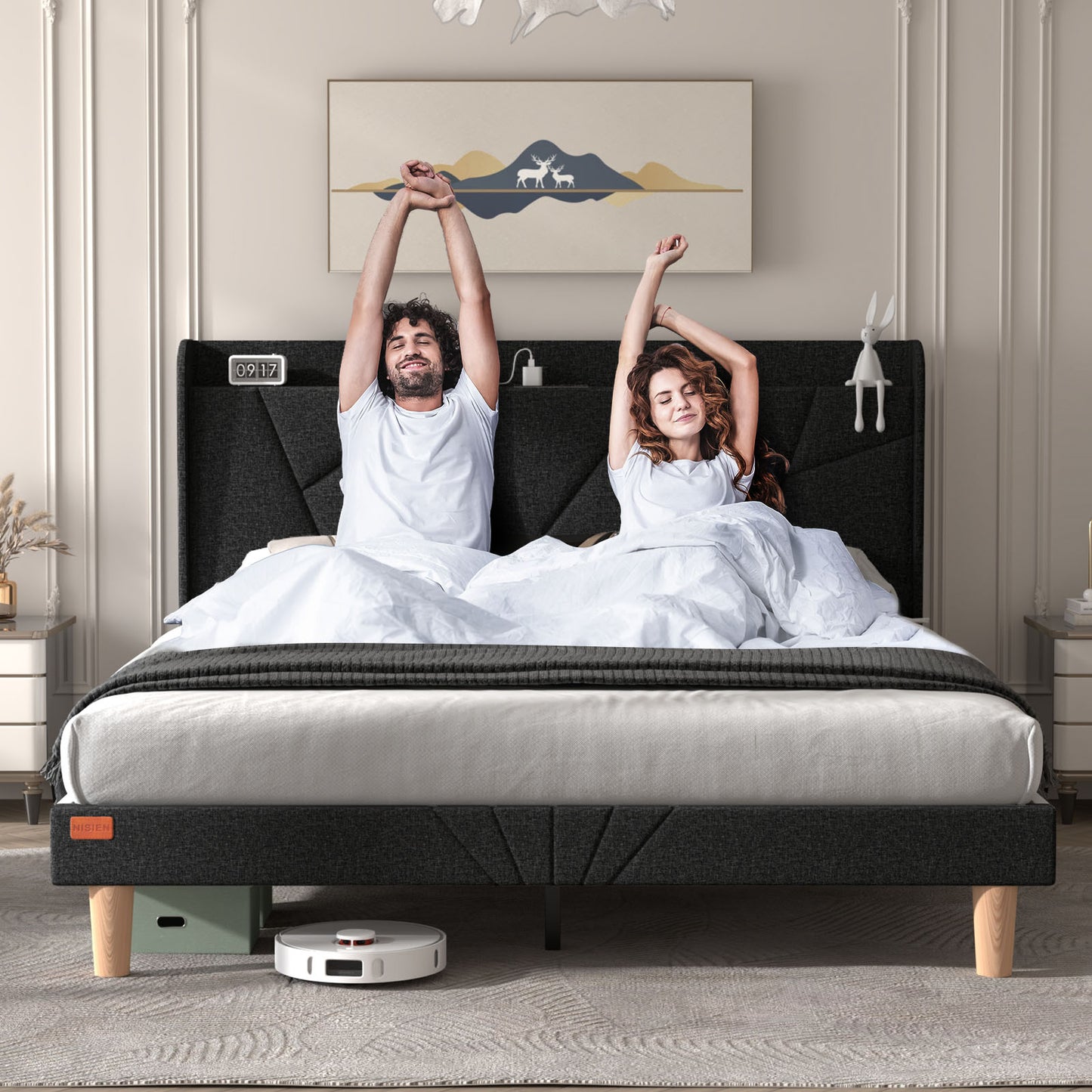 NISIEN Bed Frame with Charging Station, Upholstered Platform Bed with Wingback Storage Headboard, Black