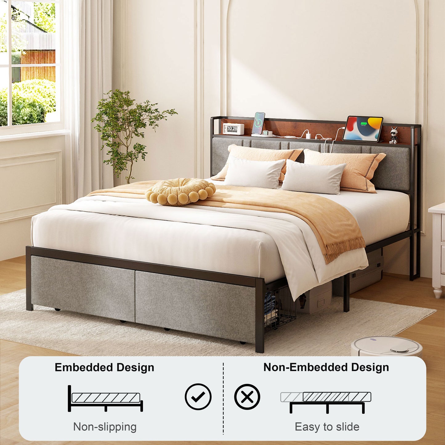 NISIEN Queen Bed Frame with 2 Storage Drawers , Platform Bed Frame Queen Size with Storage Headboard and Charging Station, No Box Spring Needed, Grey