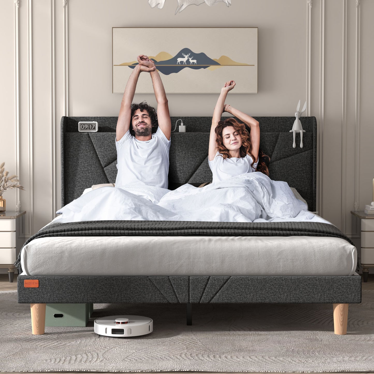 NISIEN Bed Frame with Charging Station, Upholstered Platform Bed Frame with Wingback Storage Headboard, No Box Spring Needed, Noise-Free Dark Grey