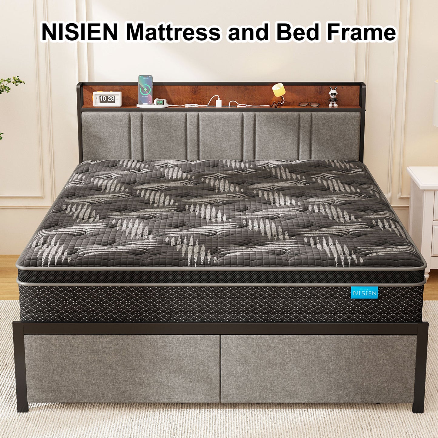 NISIEN Queen Bed Frame with 2 Storage Drawers , Platform Bed Frame Queen Size with Storage Headboard and Charging Station, No Box Spring Needed, Grey