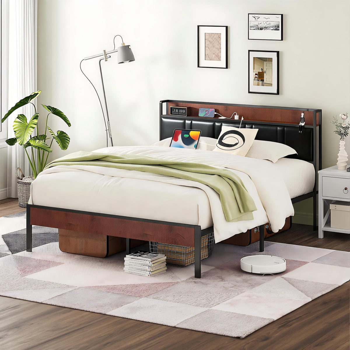 NISIEN Bed Frame, Platform Bed Full with Charging Station and Storage, PU Leather Upholstered Headboard, Black