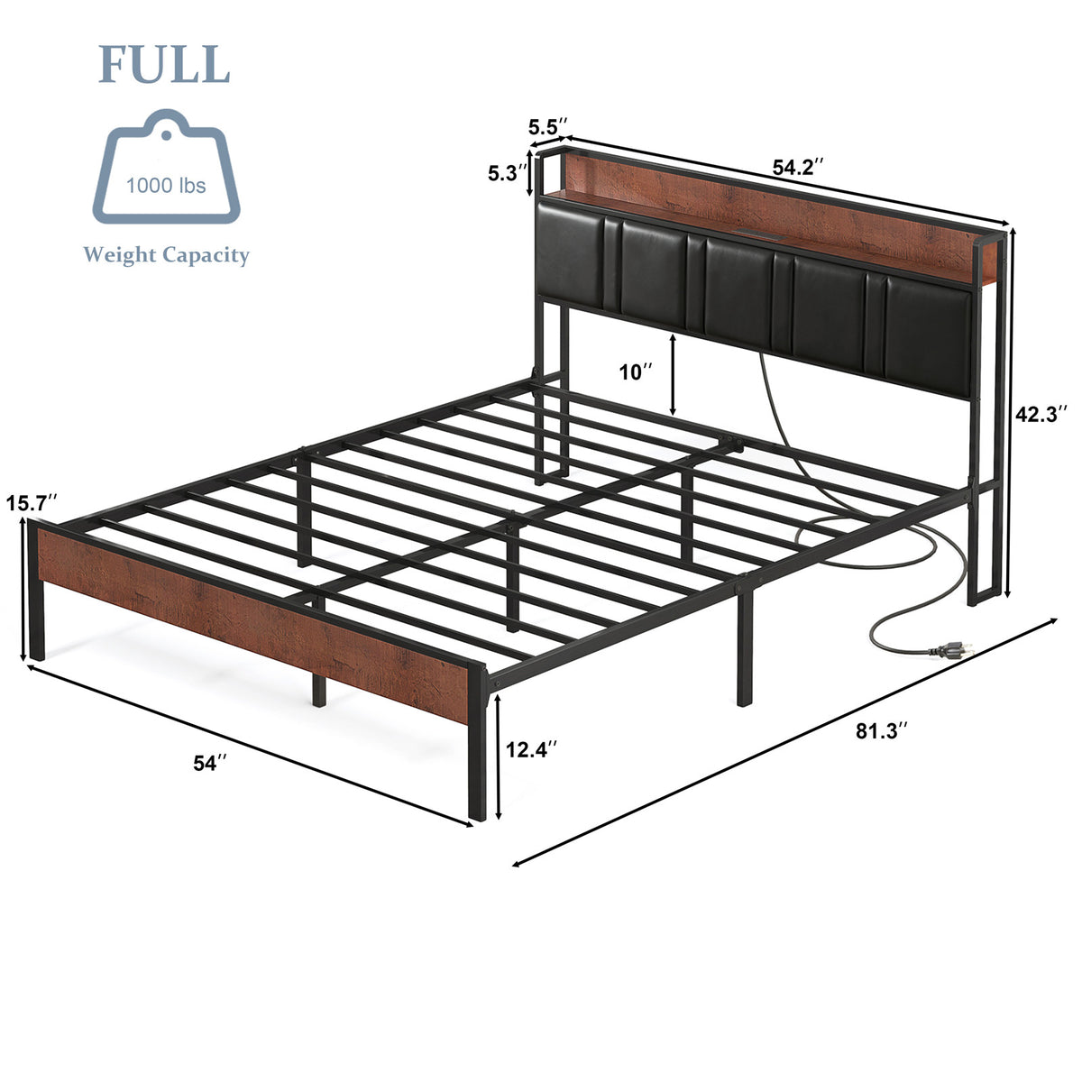 NISIEN Bed Frame, Platform Bed Full with Charging Station and Storage, PU Leather Upholstered Headboard, Black