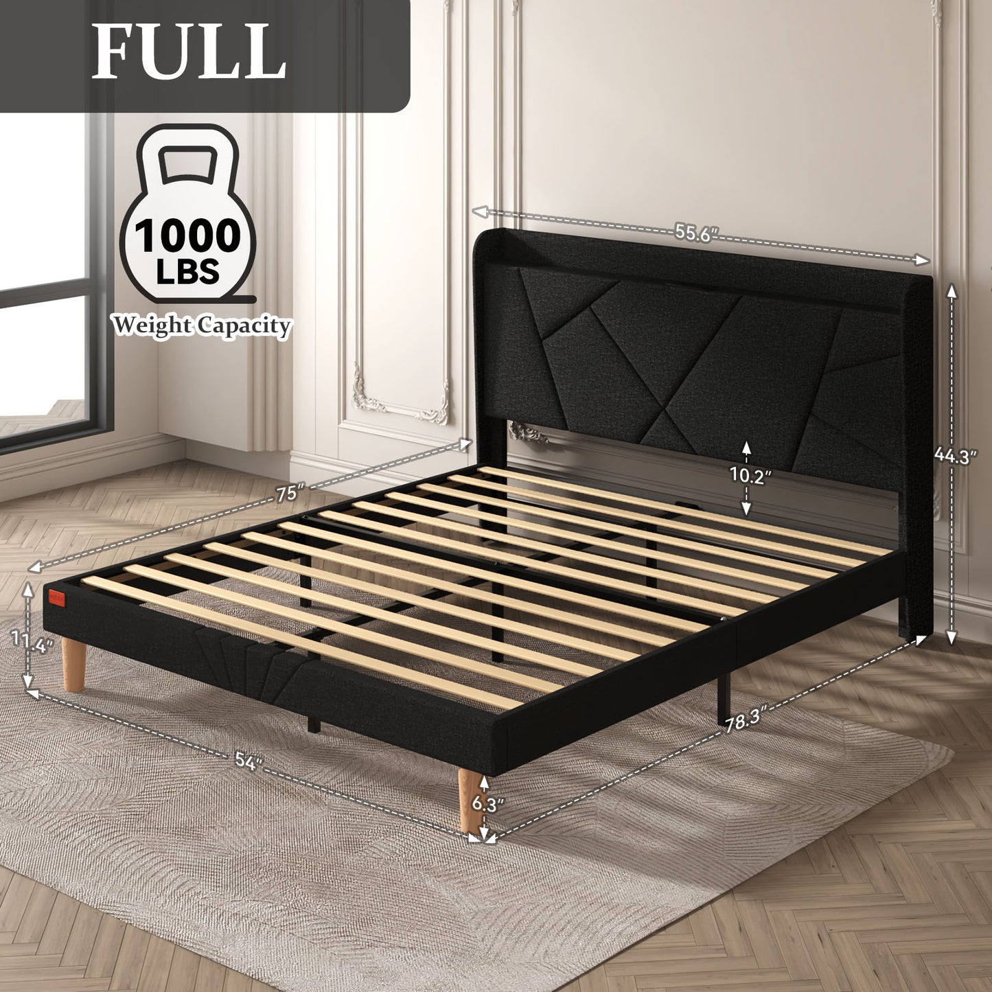 NISIEN Bed Frame with Charging Station, Upholstered Platform Bed with Wingback Storage Headboard, Black