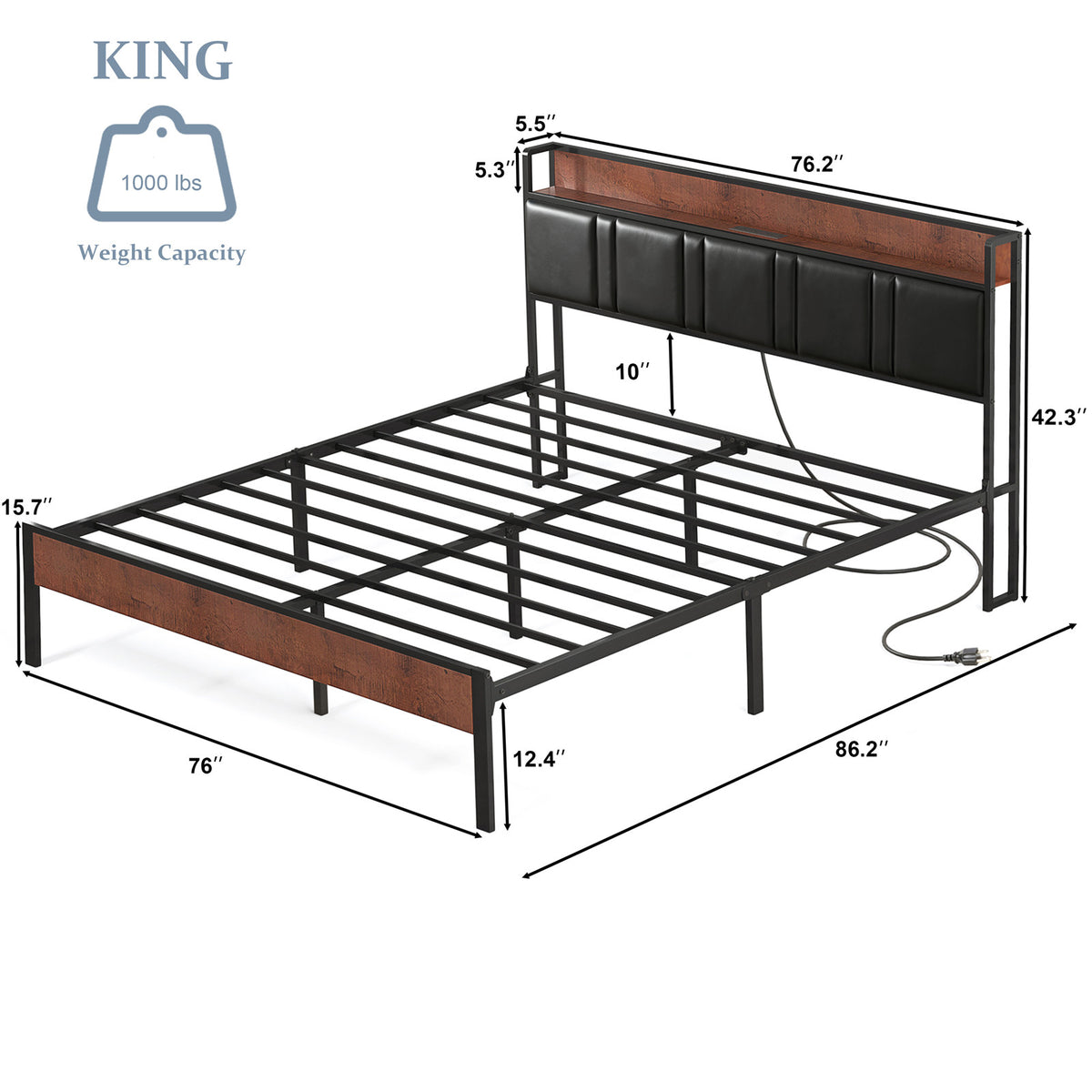 NISIEN Bed Frame, Platform Bed Full with Charging Station and Storage, PU Leather Upholstered Headboard, Black