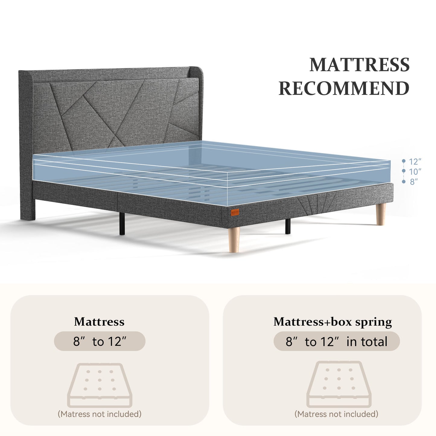 NISIEN Bed Frame with Charging Station, Upholstered Platform Bed Frame with Wingback Storage Headboard, No Box Spring Needed, Noise-Free Dark Grey