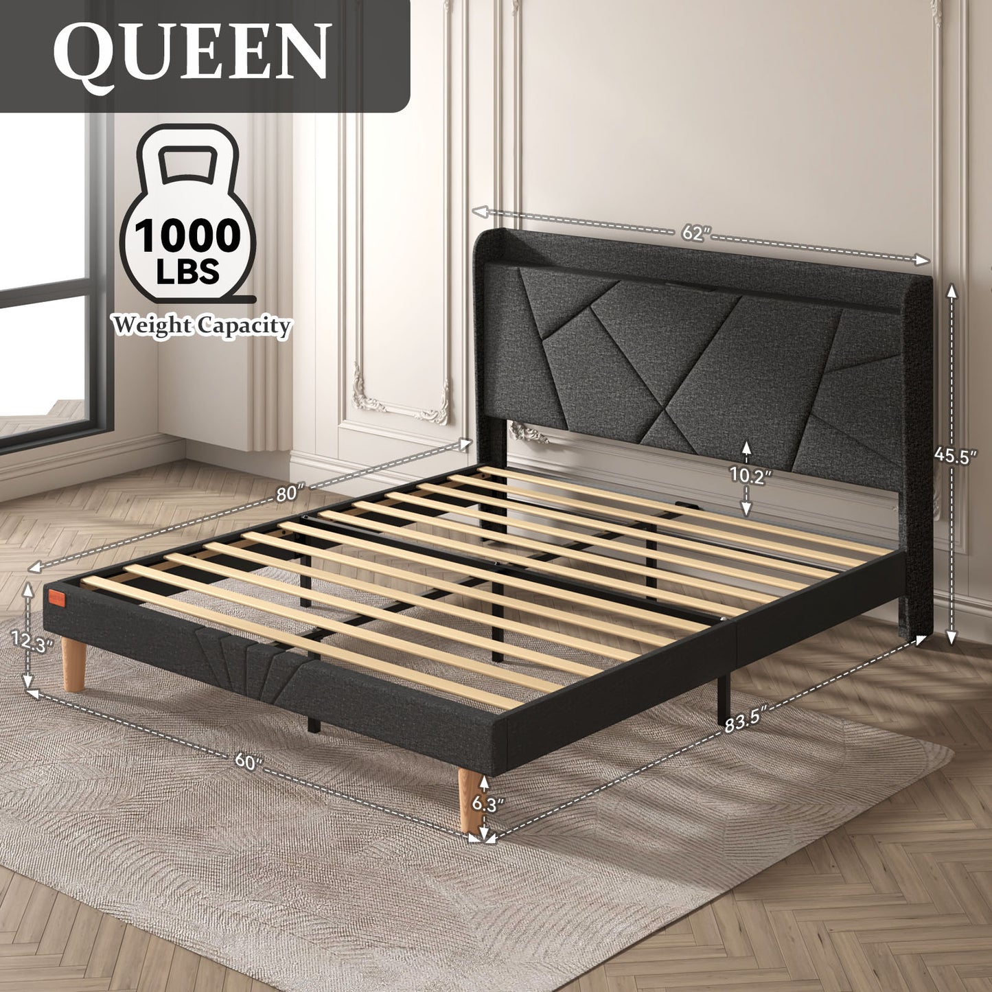 NISIEN Bed Frame with Charging Station, Upholstered Platform Bed Frame with Wingback Storage Headboard, No Box Spring Needed, Noise-Free Dark Grey