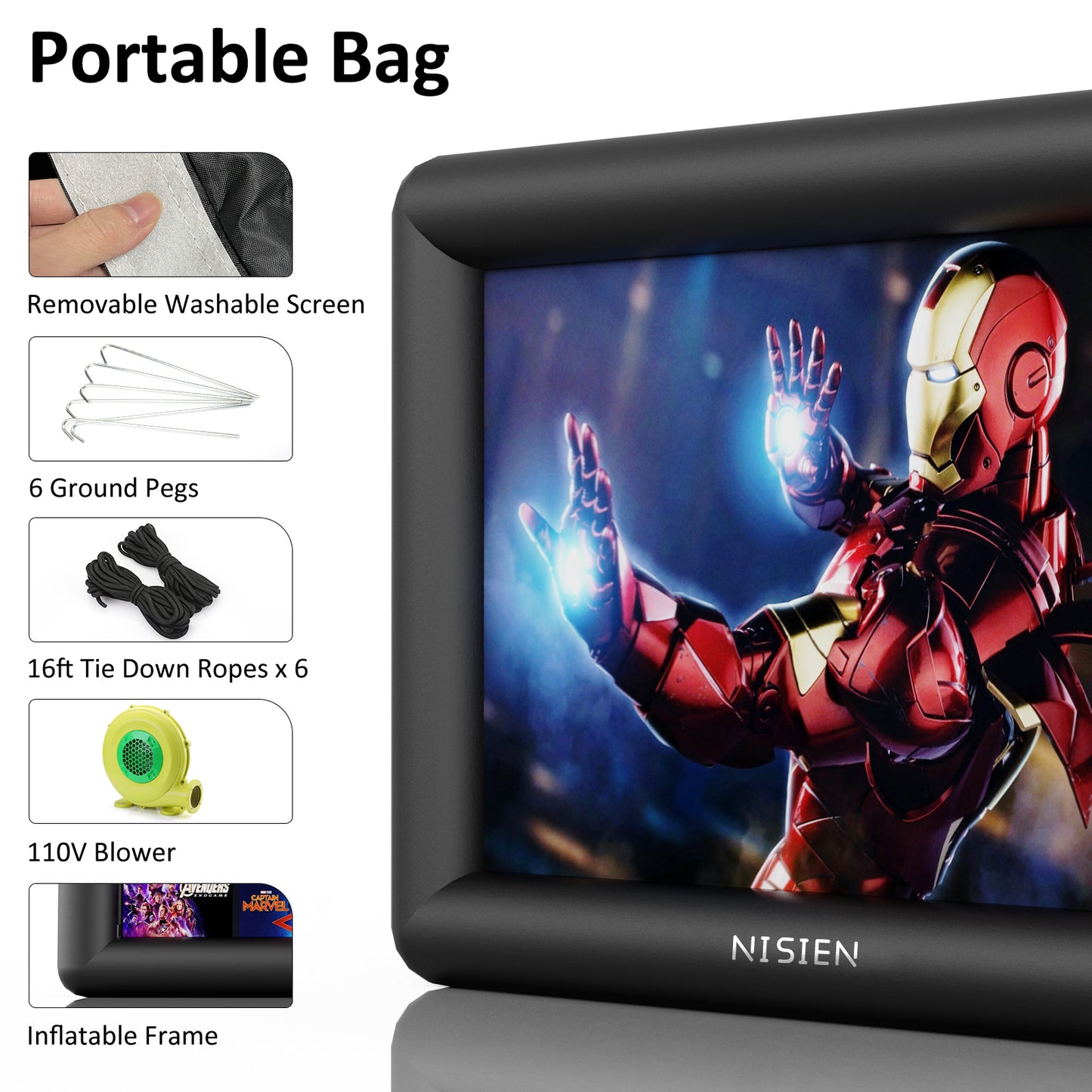 nisien16 Feet Inflatable Projector Screen for Outdoor and Indoor TV Movie Watching Blower, Tie Downs, Stakes, Sandbags, and Storage Bag